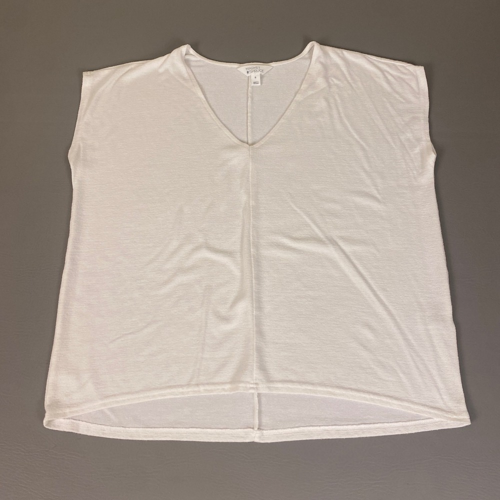 Market & Spruce Tee Shirt Women's XL White V-Neck Cap Sleeve Slub Knit High-Low